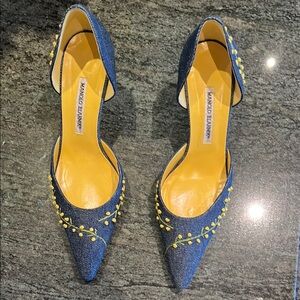 Manolo Blahnik Blue and Yellow Studded Heels
